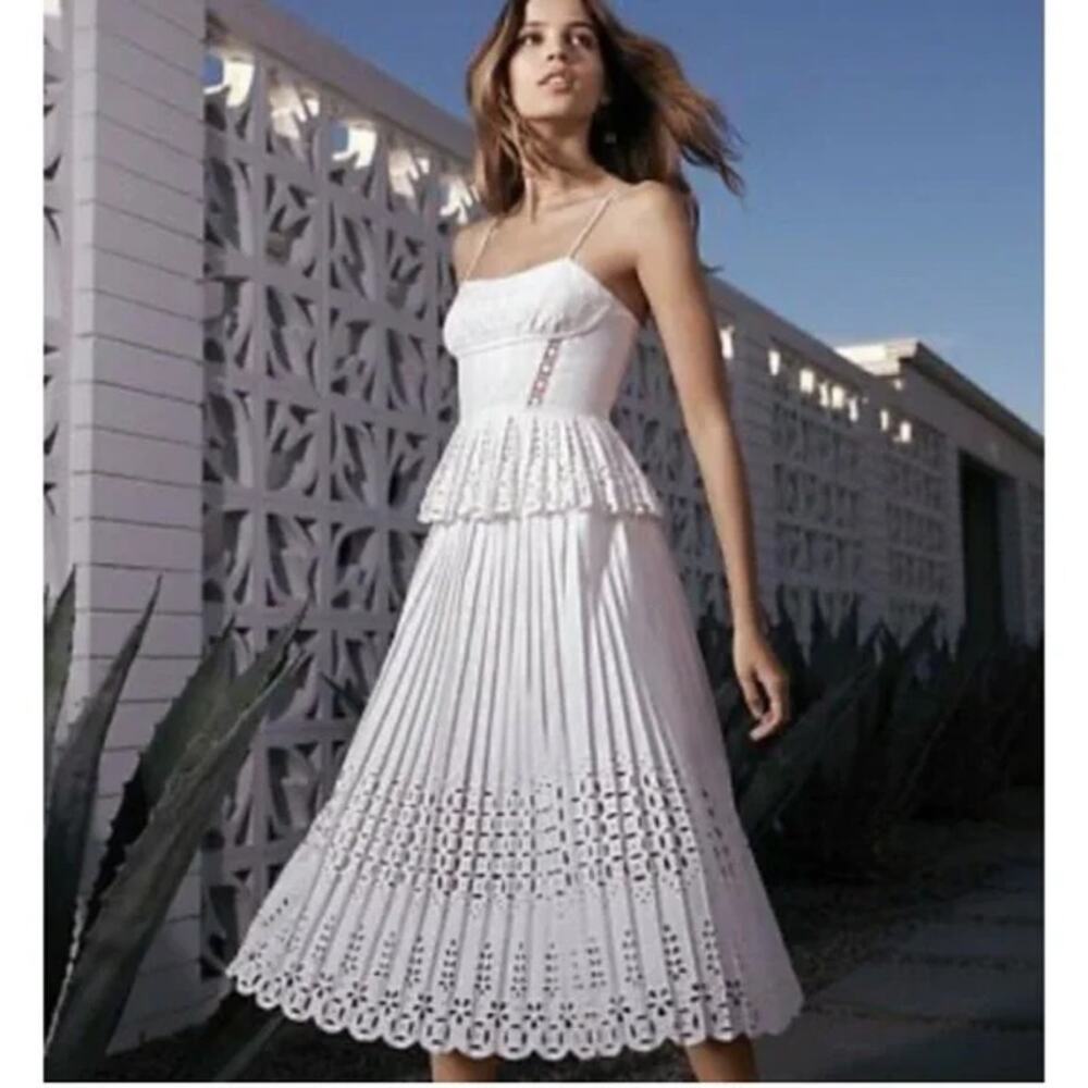 Gianni Bini White Eyelet Lace Pleated Midi Dress Peplum NWT Size 0 Bridal